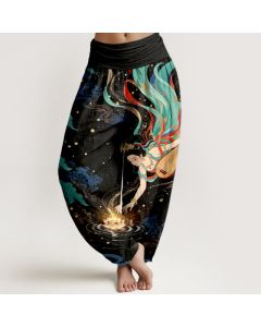 Buddha Stones Cotton Celestial Musician Lotus Pattern Women's Elastic Waist Harem Pants - Black / US2，UK/AU6，EU34 (XS)
