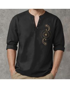 Buddha Stones Cotton Celestial Sun Moon Pattern V-Neck Buttons Men's Long Sleeve Shirts - Black / US/UK/AU38，EU48 (M)