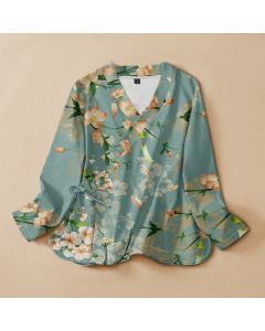 Buddha Stones Cotton Cherry Blossom Bird Print Hanfu Style Wrap V-Neck Lace-up Women's Long Sleeve Shirts Kimono - MediumTurquoise / US4,UK/AU8,EU36 (S)