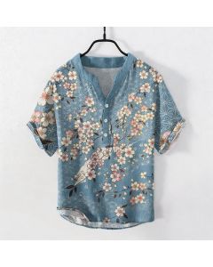 Buddha Stones Cotton Cherry Blossom Geometric Pattern Men's Short Sleeve Half Button Shirt - LightSkyBlue / US/UK/AU38，EU48 (M)