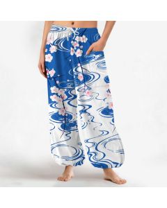 Buddha Stones Cotton Cherry Blossom Water Ripple Pattern Women's Elastic Waist Harem Pants With Side Pockets - Aquamarine / US2，UK/AU6，EU34 (XS)