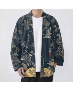 Buddha Stones Cotton Chinese Crane And Koi Fish Pattern Open Front Men's Kimono - Navy / US/UK/AU38，EU48 (M)