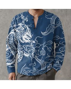 Buddha Stones Cotton Chinese Dragon Clouds Pattern V-Neck Buttons Men's Long Sleeve Shirts - Teal / US/UK/AU42，EU52 (XL)