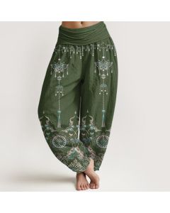Buddha Stones Cotton Classic Jewelry Butterfly Flower Tassel Pattern Women's Elastic Waist Harem Pants - SteelBlue / US8-10，UK/AU12-14，EU40-42 (L)