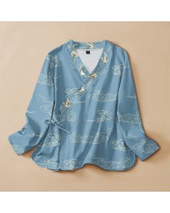 Buddha Stones Cotton Cloud Crane Print Hanfu Style Wrap V-Neck Lace-up Women's Long Sleeve Shirts Kimono - LightBlue / US4，UK/AU8，EU36 (S)