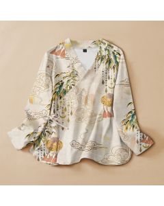 Buddha Stones Cotton Cloud Leaf Tassel Print Hanfu Style Wrap V-Neck Lace-up Women's Long Sleeve Shirts Kimono - Linen / US4，UK/AU8，EU36 (S)