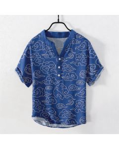 Buddha Stones Cotton Cloud Pattern Men's Short Sleeve Half Button Shirt - RoyalBlue / US/UK/AU38，EU48 (M)