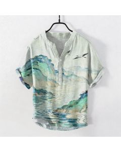 Buddha Stones Cotton Coastal Watercolor Landscape Pattern Men's Short Sleeve Half Button Shirt - MintCream / US/UK/AU50，EU60 (5XL)