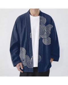 Buddha Stones Cotton Concentric Spiral Pattern Open Front Men's Kimono - Navy / US/UK/AU38，EU48 (M)