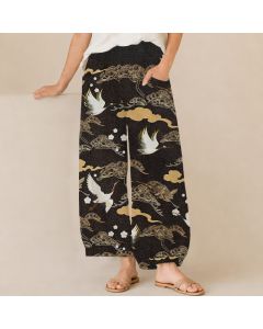 Buddha Stones Cotton Crane And Cloud Pattern Pleated Elastic Waist Women's Harem Pants With Pockets - Teal / US2，UK/AU6，EU34 (XS)