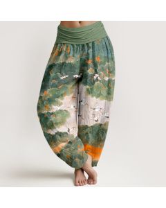 Buddha Stones Cotton Crane Cloud Pattern Women's Elastic Waist Harem Pants - Aquamarine / US2，UK/AU6，EU34 (XS)