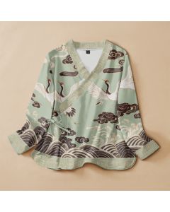 Buddha Stones Cotton Crane Cloud Wave Print Hanfu Style Wrap V-Neck Lace-up Women's Long Sleeve Shirts Kimono - LightGoldenrodYellow / US14,UK/AU18,EU46 (2XL)