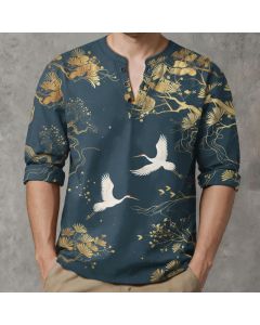 Buddha Stones Cotton Crane Floral Branch Pattern V-Neck Buttons Men's Long Sleeve Shirts - ForestGreen / US/UK/AU48，EU58 (4XL)