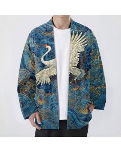 Buddha Stones Cotton Crane Flowing Waves Pattern Open Front Men's Kimono - RoyalBlue / US/UK/AU38，EU48 (M)