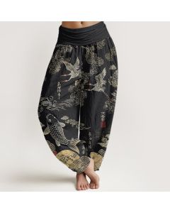 Buddha Stones Cotton Crane Koi Fish Cloud Pattern Women's Elastic Waist Harem Pants - Black / US2，UK/AU6，EU34 (XS)