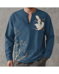 Buddha Stones Cotton Crane Lotus Pattern V-Neck Buttons Men's Long Sleeve Shirts - SteelBlue / US/UK/AU38，EU48 (M)