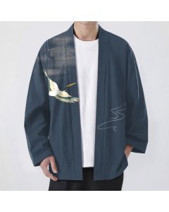 Buddha Stones Cotton Crane Moon Waves Pattern Open Front Men's Kimono - SteelBlue / US/UK/AU38，EU48 (M)