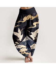 Buddha Stones Cotton Crane Mountain Cloud Pattern Women's Elastic Waist Harem Pants - Teal / US2，UK/AU6，EU34 (XS)