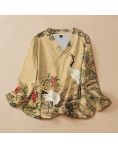 Buddha Stones Cotton Crane Pine Blossom Print Hanfu Style Wrap V-Neck Lace-up Women's Long Sleeve Shirts Kimono - PaleTurquoise / US4，UK/AU8，EU36 (S)