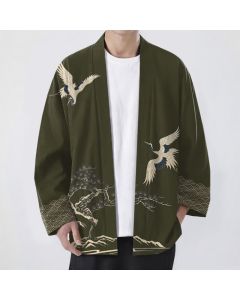 Buddha Stones Cotton Crane Pine Landscape Pattern Open Front Men's Kimono - DarkOliveGreen / US/UK/AU38，EU48 (M)