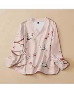 Buddha Stones Cotton Crane Plum Blossom Print Hanfu Style Wrap V-Neck Lace-up Women's Long Sleeve Shirts Kimono - LavenderBlush / US4，UK/AU8，EU36 (S)