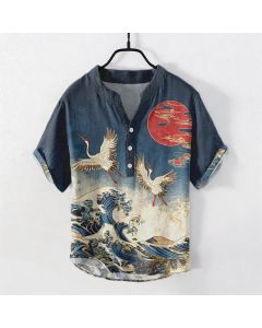 Buddha Stones Cotton Crane Wave Sun Pattern Men's Short Sleeve Half Button Shirt - CadetBlue / US/UK/AU50，EU60 (5XL)