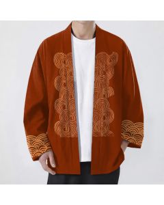 Buddha Stones Cotton Crescent Wave Pattern Open Front Men's Kimono - Sienna / US/UK/AU38，EU48 (M)