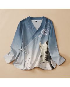 Buddha Stones Cotton Dandelion Cat Print Hanfu Style Wrap V-Neck Lace-up Women's Long Sleeve Shirts Kimono - SteelBlue / US4，UK/AU8，EU36 (S)