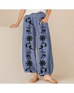 Buddha Stones Cotton Dharma Wheel Lotus OM Pattern Pleated Elastic Waist Women's Harem Pants With Pockets - CornflowerBlue / US2，UK/AU6，EU34 (XS)