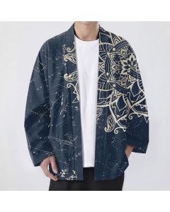 Buddha Stones Cotton Distressed Mandala Pattern Open Front Men's Kimono - Navy / US/UK/AU38，EU48 (M)