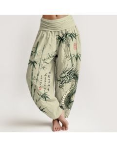 Buddha Stones Cotton Dragon Bamboo Pattern Women's Elastic Waist Harem Pants - LightBlue / US6，UK/AU10，EU38 (M)