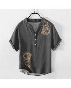 Buddha Stones Cotton Dragon Men's Short Sleeve Half Button Shirt - SteelBlue / US/UK/AU50，EU60 (5XL)