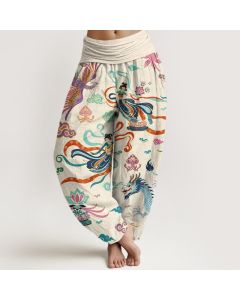 Buddha Stones Cotton Dragon Phoenix Lotus Pattern Women's Elastic Waist Harem Pants - PowderBlue / US16，UK/AU20，EU48 (3XL)