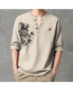 Buddha Stones Cotton Dragon Seal Pattern V-Neck Buttons Men's Long Sleeve Shirts - Beige / US/UK/AU38，EU48 (M)