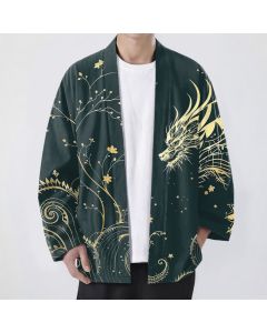 Buddha Stones Cotton Dragon Tide Florals Pattern Open Front Men's Kimono - Teal / US/UK/AU38，EU48 (M)