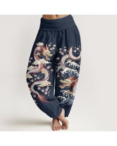 Buddha Stones Cotton Dragon Wave Blossom Pattern Women's Elastic Waist Harem Pants - Navy / US2，UK/AU6，EU34 (XS)