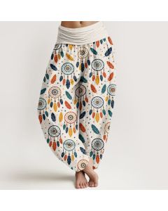 Buddha Stones Cotton Dreamcatcher Feather Pattern Women's Elastic Waist Harem Pants - Black / US16，UK/AU20，EU48 (3XL)