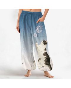 Buddha Stones Cotton Dreamy Cow Cat Dandelion Pattern Women's Elastic Waist Harem Pants With Side Pockets - Teal / US2，UK/AU6，EU34 (XS)