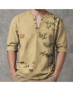 Buddha Stones Cotton Eastern Bamboo Seal Pattern V-Neck Buttons Men's Long Sleeve Shirts - Tan / US/UK/AU38，EU48 (M)