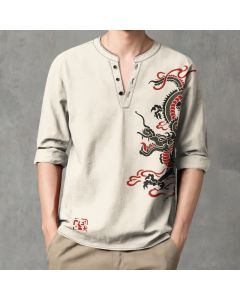 Buddha Stones Cotton Eastern Dragon Flame Pattern V-Neck Buttons Men's Long Sleeve Shirts - Beige / US/UK/AU38，EU48 (M)