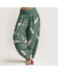 Buddha Stones Cotton Elegant Crane Lotus Pattern Women's Elastic Waist Harem Pants - MediumTurquoise / US2，UK/AU6，EU34 (XS)