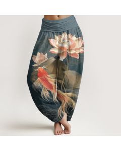 Buddha Stones Cotton Elegant Golden Koi Fish Lotus Pattern Women's Elastic Waist Harem Pants - Teal / US2，UK/AU6，EU34 (XS)
