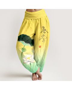 Buddha Stones Cotton Elegant Lotus Flower Pattern Women's Elastic Waist Harem Pants - Turquoise / US2,UK/AU6,EU34 (XS)