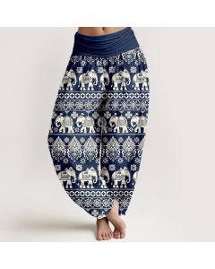 Buddha Stones Cotton Elephant Tribal Stripe Pattern Women's Elastic Waist Harem Pants - Navy / US8-10，UK/AU12-14，EU40-42 (L)