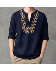 Buddha Stones Cotton Ethnic Flower Grid Pattern V-Neck Buttons Men's Long Sleeve Shirts - Navy / US/UK/AU38，EU48 (M)