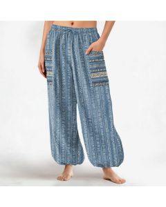 Buddha Stones Cotton Ethnic Geometric Stripe Pattern Women's Elastic Waist Harem Pants With Side Pockets - SkyBlue / US2，UK/AU6，EU34 (XS)