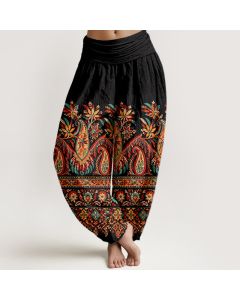 Buddha Stones Cotton Ethnic Paisley Bloom Pattern Women's Elastic Waist Harem Pants - Black / US2，UK/AU6，EU34 (XS)