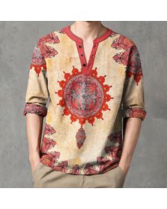 Buddha Stones Cotton Ethnic Paisley Mandala Flower Pattern V-Neck Buttons Men's Long Sleeve Shirts - Lavender / US/UK/AU44，EU54 (2XL)