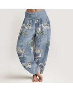Buddha Stones Cotton Fans White Blossom Leaf Pattern Women's Elastic Waist Harem Pants - Aquamarine / US2,UK/AU6,EU34 (XS)