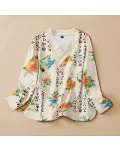 Buddha Stones Cotton Floral Calligraphy Print Hanfu Style Wrap V-Neck Lace-up Women's Long Sleeve Shirts Kimono - Ivory / US4，UK/AU8，EU36 (S)